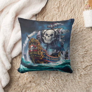 Majestic Pirate Ship Sailing Through Stormy Waters Cushion