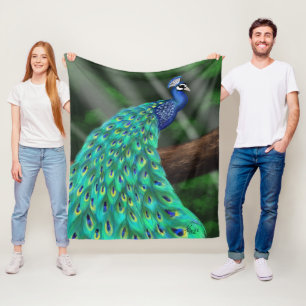 Majestic Plumage: Enchanting Peacock in the Forest Fleece Blanket