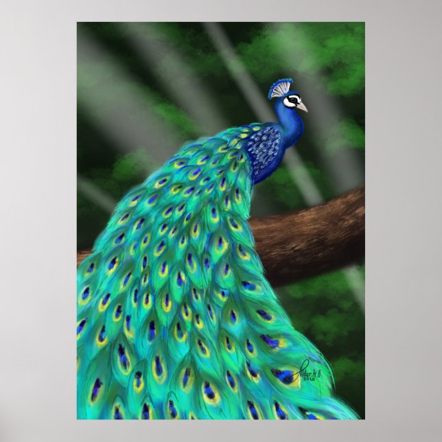 Majestic Plumage: Enchanting Peacock in the Forest Poster (Front)