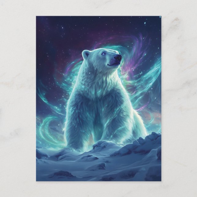 Majestic Polar Bear Design with Northern Lights Holiday Postcard (Front)