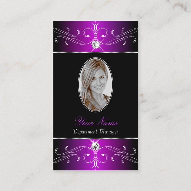 Majestic Purple Black Ornate Ornaments with Photo Business Card (Front)