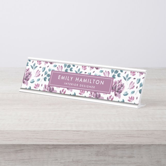 Majestic Purple Floral | Personalised Desk Name Plate (Front)