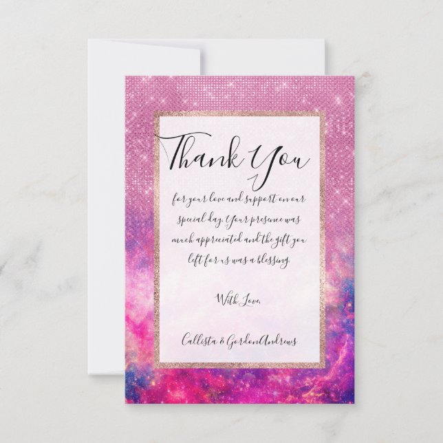 Majestic Purple Pink Glitter Starry Nebula Thank You Card (Front)