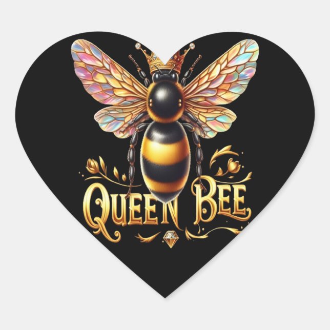 Majestic Queen Bee Illustration Featuring a Crown  Heart Sticker (Front)