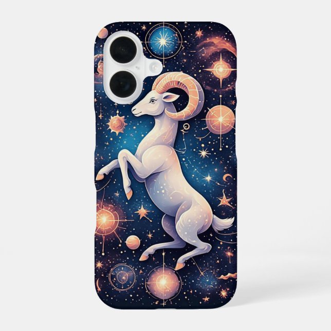 Majestic Ram Surrounded by Celestial Objects iPhone 16 Case (Back)