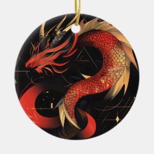 Majestic Red and Gold Chinese Dragon Art Ceramic Ornament