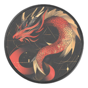 Majestic Red and Gold Chinese Dragon Art Hockey Puck