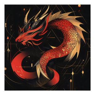 Majestic Red and Gold Chinese Dragon Art Poster