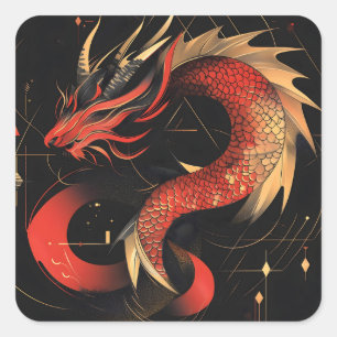 Majestic Red and Gold Chinese Dragon Art Square Sticker