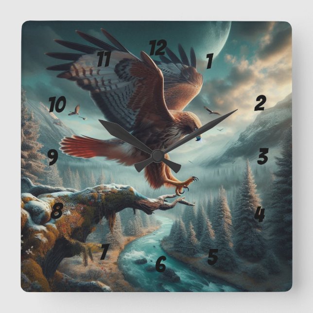 Majestic Red-Tailed Hawk Soaring Square Wall Clock (Front)