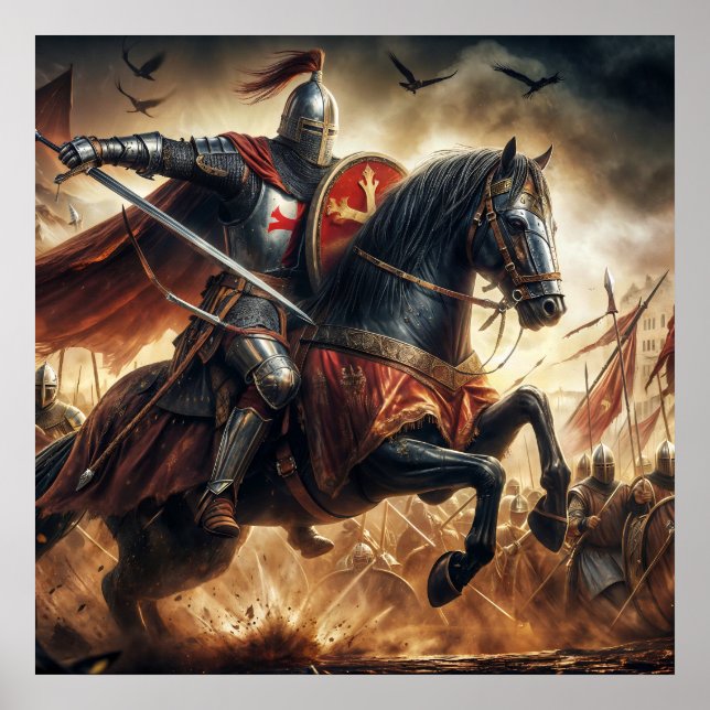 Majestic Red-Toned Crusade Knight in Battle Poster (Front)