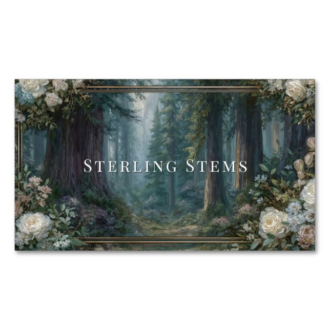 Majestic Redwood Forest Floral Frame Magnetic Business Card (Front)