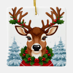 Majestic Reindeer By Evergreen Christmas Trees Ceramic Ornament