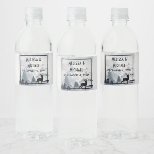 Majestic Reindeer Grey Watercolor Wedding Water Bottle Label