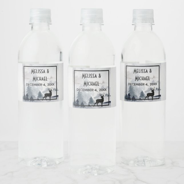 Majestic Reindeer Grey Watercolor Wedding Water Bottle Label (Bottles)