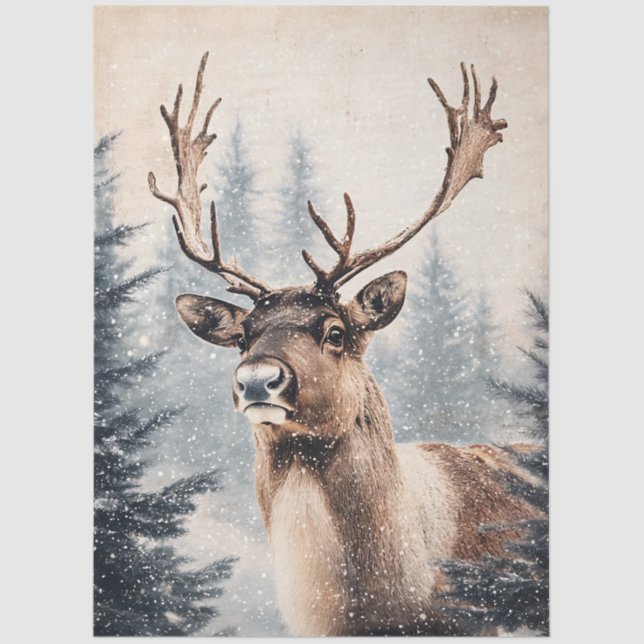 Majestic Reindeer in Snowy Forest Decoupage Tissue Paper (Front)