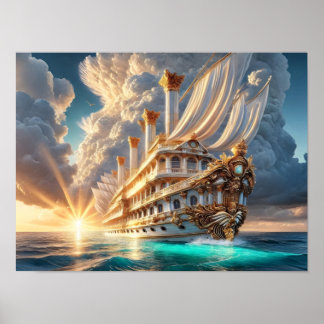 Majestic Roman-designed ship in the sunrise ocean Poster