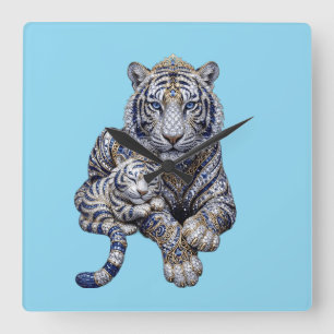 Majestic Royal Jewelled White Tiger Art Square Wall Clock