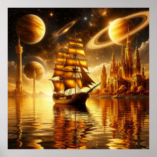 Majestic Sailing Ship Under Golden Sky Poster