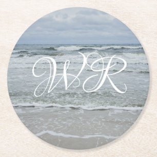 Majestic sea with waves under stormy skies round paper coaster