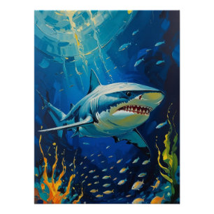 Majestic Shark Underwater Vibrant Painting Photo P Poster