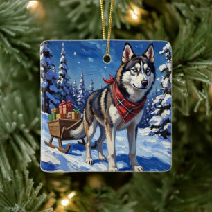 Majestic Siberian Husky Pulling Christmas Sled Ceramic Ornament