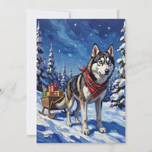 Majestic Siberian Husky Pulling Christmas Sled Holiday Card (Front)