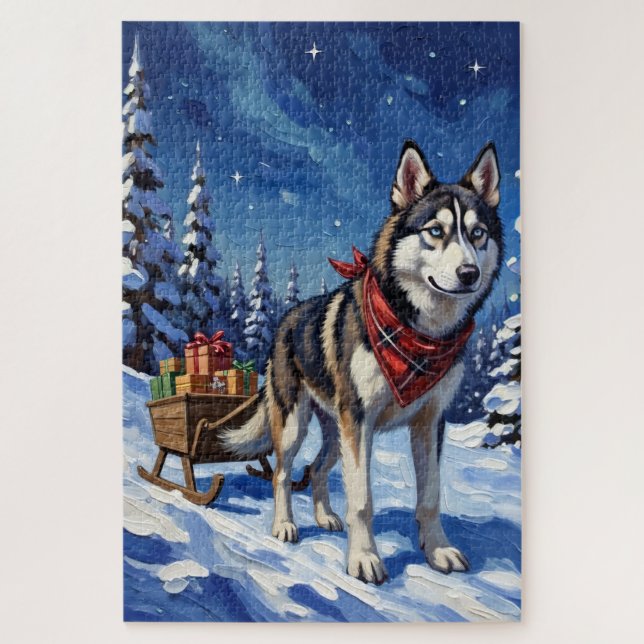 Majestic Siberian Husky Pulling Christmas Sled Jigsaw Puzzle (Vertical)