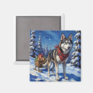 Majestic Siberian Husky Pulling Christmas Sled Magnet
