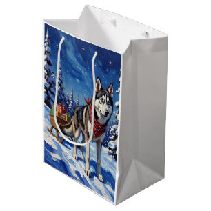 Majestic Siberian Husky Pulling Christmas Sled Medium Gift Bag