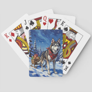 Majestic Siberian Husky Pulling Christmas Sled Playing Cards