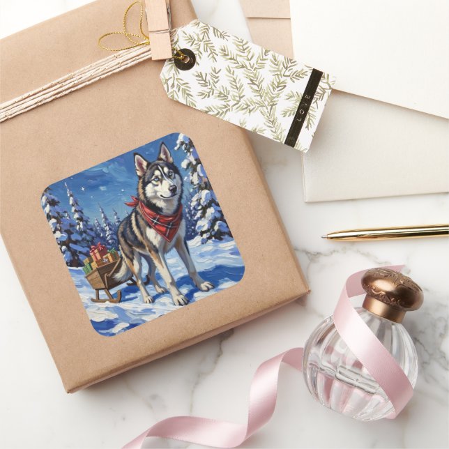 Majestic Siberian Husky Pulling Christmas Sled Square Sticker (Gifting)