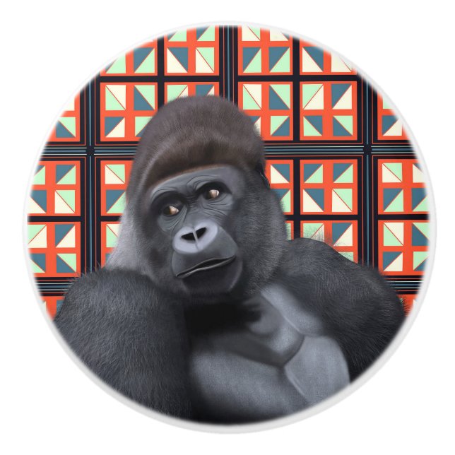 Majestic Sitting Gorilla On Red Geometric Wildlife Ceramic Knob (Front)