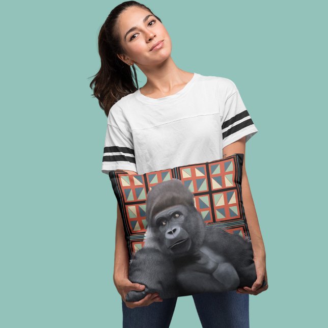 Majestic Sitting Gorilla On Red Geometric Wildlife Cushion (Creator Uploaded)