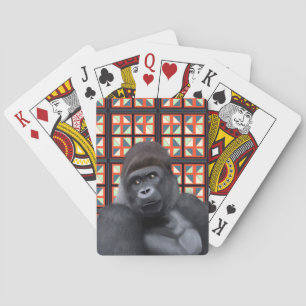 Majestic Sitting Gorilla On Red Geometric Wildlife Playing Cards