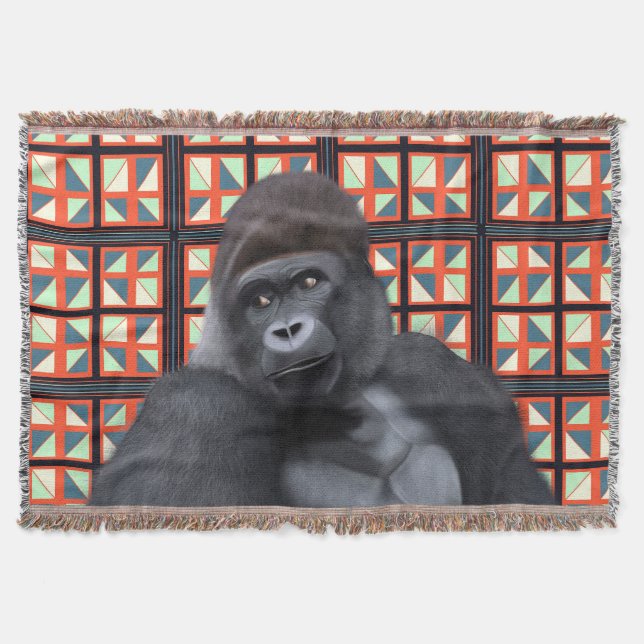 Majestic Sitting Gorilla On Red Geometric Wildlife Throw Blanket (Front)