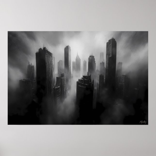 Majestic Skyscrapers Engulfed in Dramatic Fog Poster (Front)