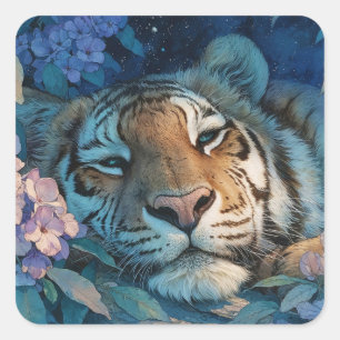 Majestic Sleepy Tiger in Purple Floral Garden Square Sticker