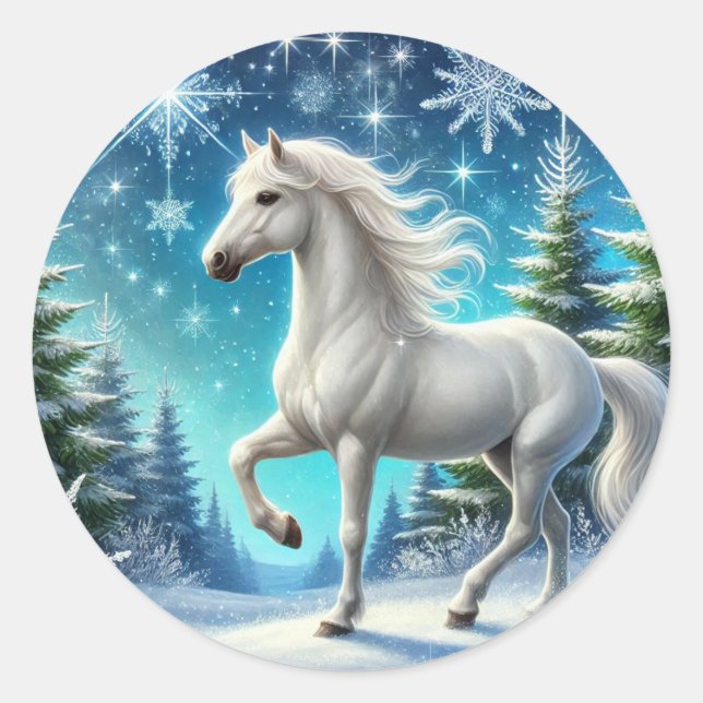 "Majestic Snow Horse Sticker" Classic Round Sticker (Front)