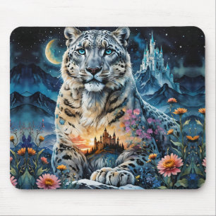 Majestic Snow Leopard - Castle - Moon, Mouse Pad