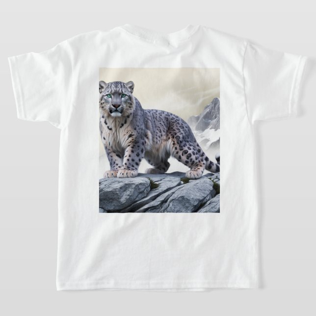 Majestic Snow Leopard on Rocky Cliff T-Shirt (Laydown Back)