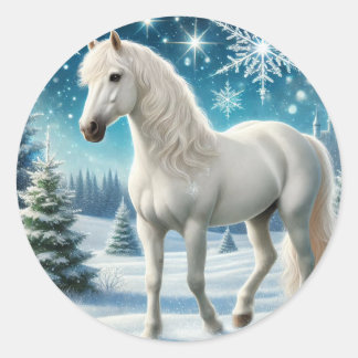 "Majestic Snow Stallion Sticker" Classic Round Sticker
