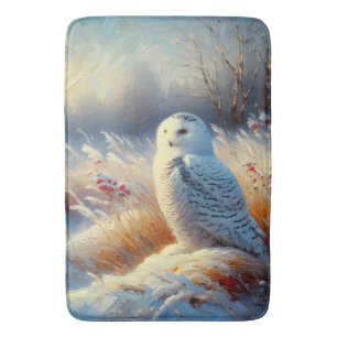 Majestic Snowy Owl in the Wilderness Bath Mat