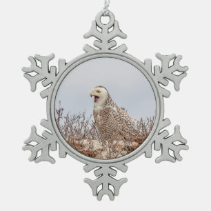 Majestic Snowy Owl of the Connecticut Coast Snowflake Pewter Christmas Ornament