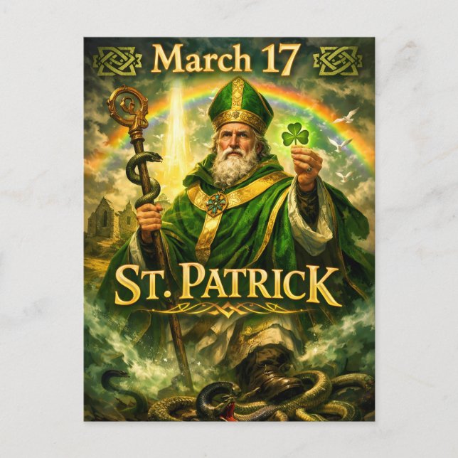 Majestic St. Patrick with Rainbow and Snakes Postcard (Front)