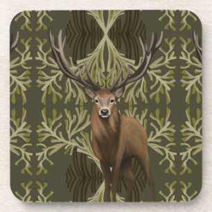 Majestic Stag Abstract Green Forest Coaster