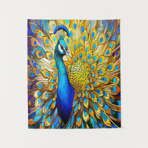 Majestic Stained Glass Peacock Art Nouveau Style Tapestry