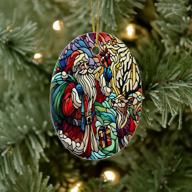 Majestic Stained Glass Santa and Reindeer Ceramic Ornament (Tree)