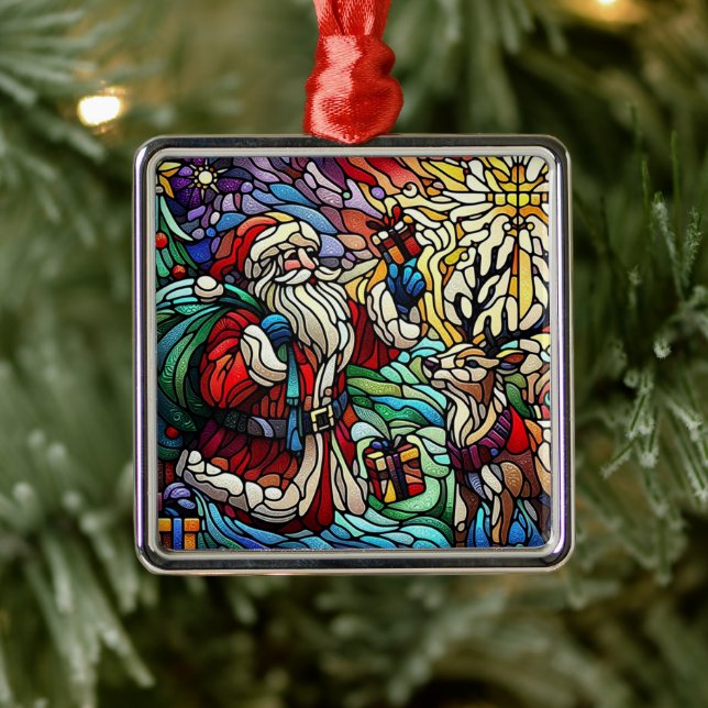 Majestic Stained Glass Santa and Reindeer Metal Ornament (Tree)