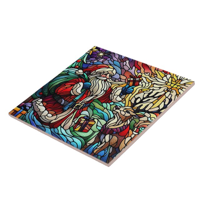 Majestic Stained Glass Santa and Reindeerts Ceramic Tile (Side)
